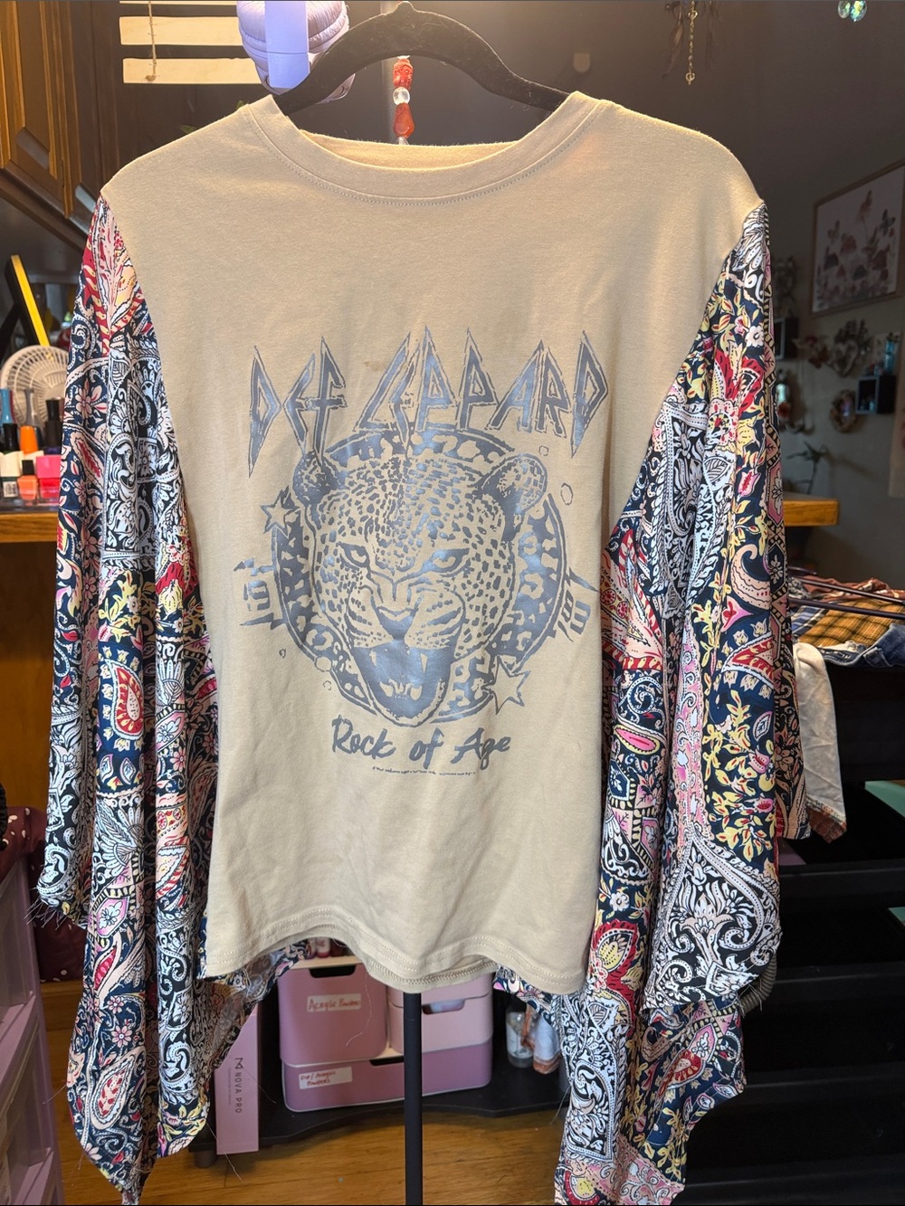 Beige Graphic Tunic with Multicolor Paisley Sleeves
